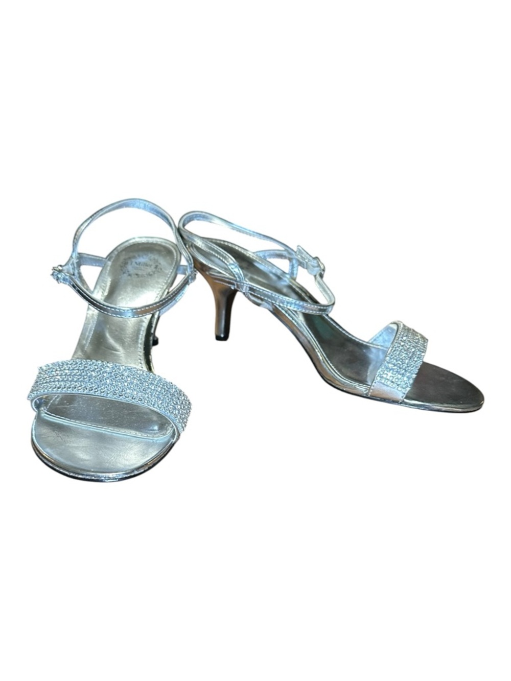 I. Miller Silver Rhinestone Ankle-Strap Kitten Heeled Sandals